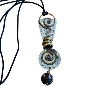 Miller Pewter Brass Medallion Necklace VTG Statement Retro Boho Silver Etched